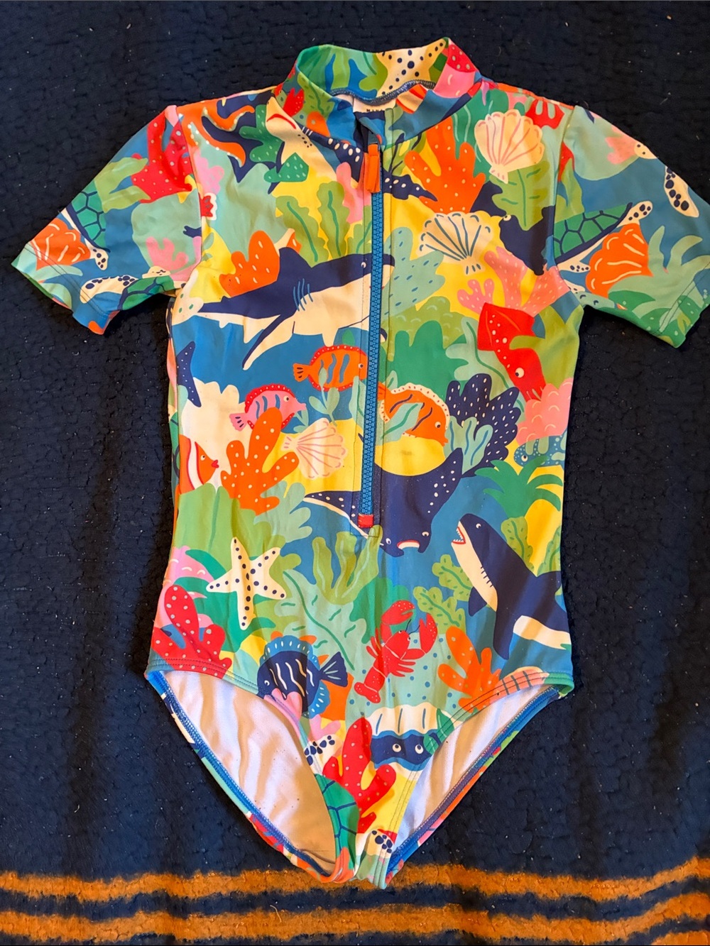 Mini Boden Multicolor Ocean Print Short-Sleeve Zip One-Piece Swimsuit